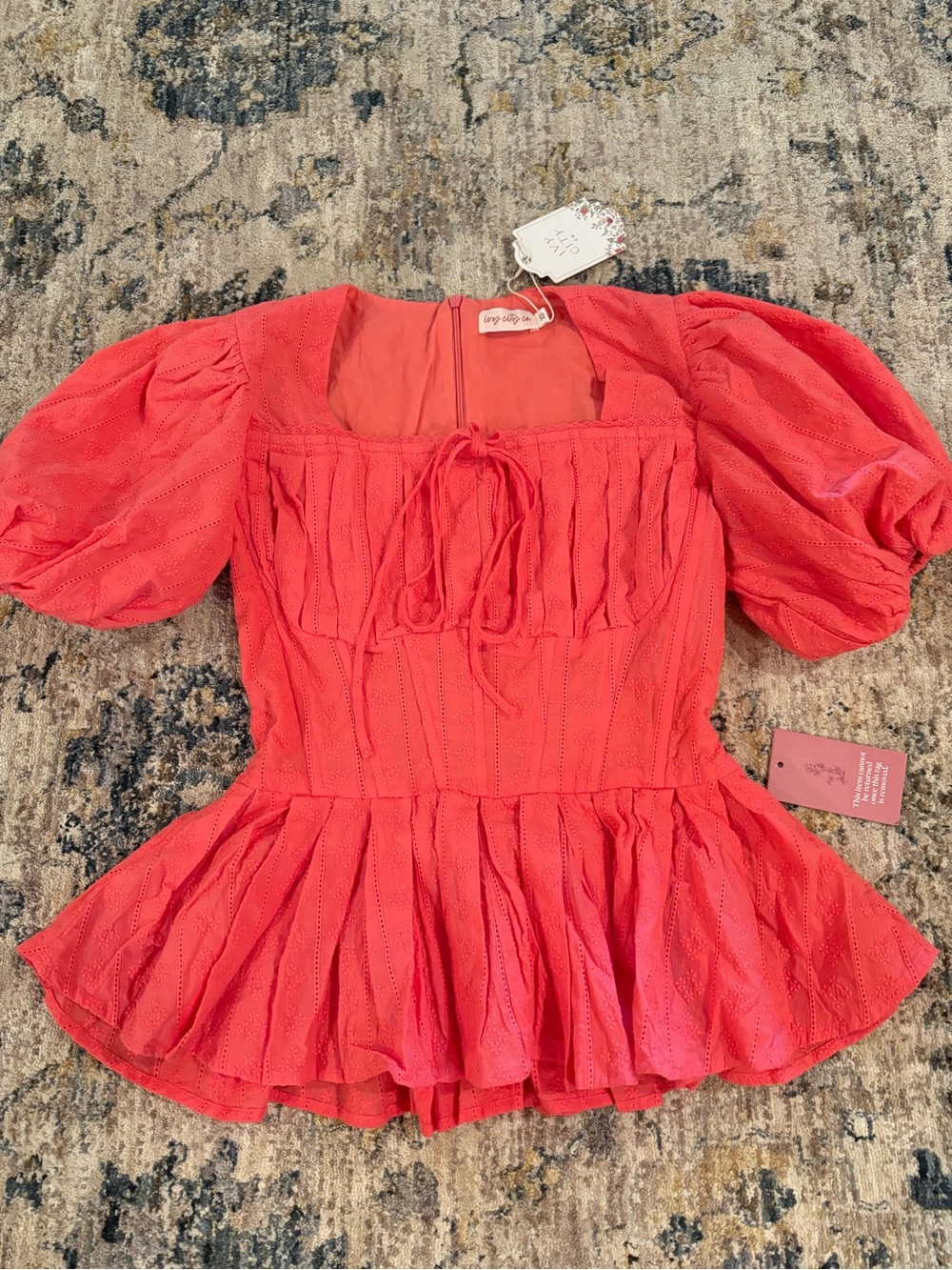 NWT Ivy City Co Thea Coral Blouse top Peplum Square Neck Puff Sleeve Womens XS